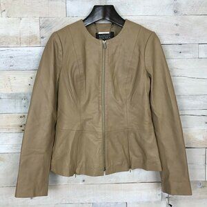 Badgley Mischka Womens Genuine Leather Peplum Jacket Beige Full Zip Small New